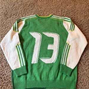 Green and White Crewneck Sweater with Varsity Style